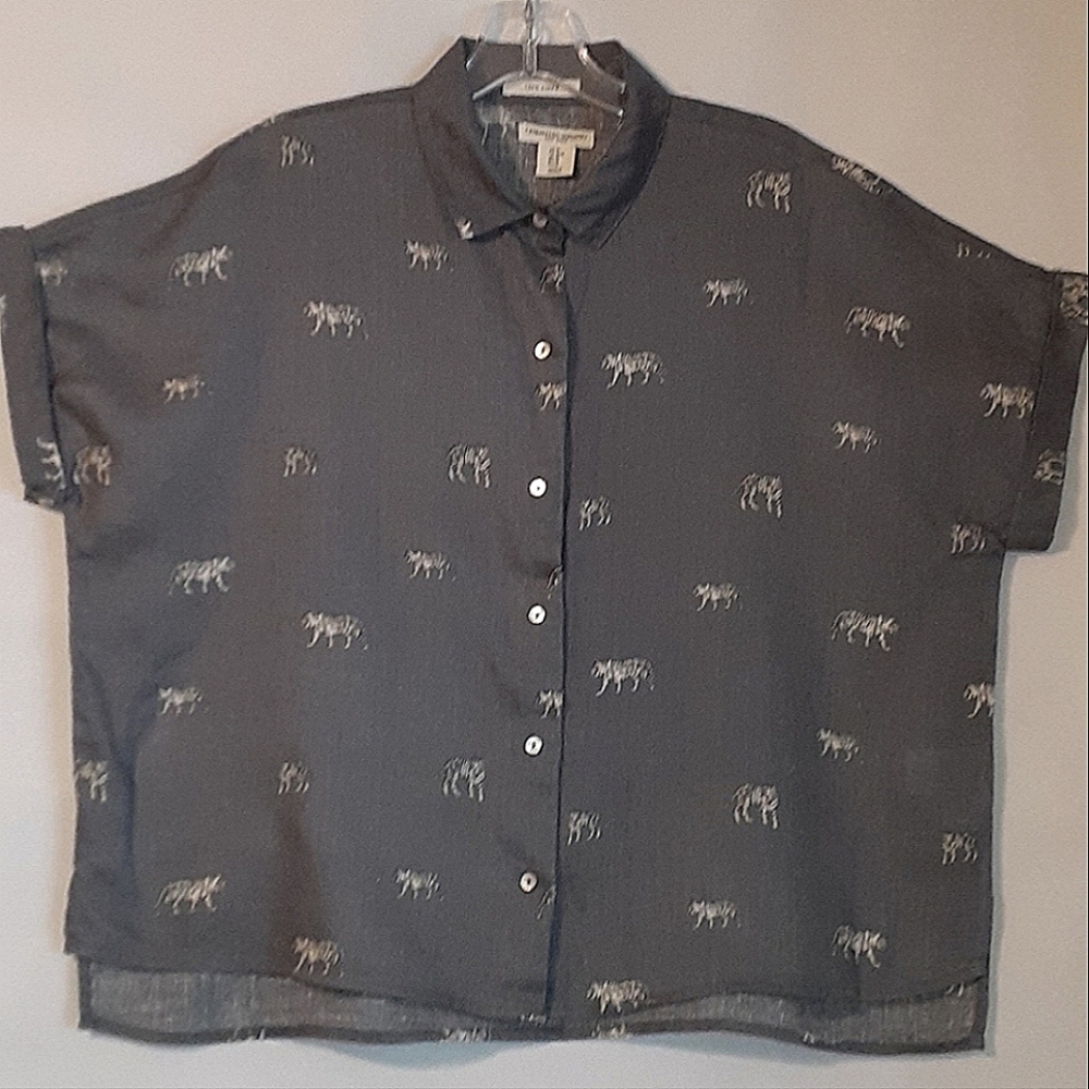 Christian Siriano Charcoal Gray Button-Front Short Sleeve Top with Tiger Print